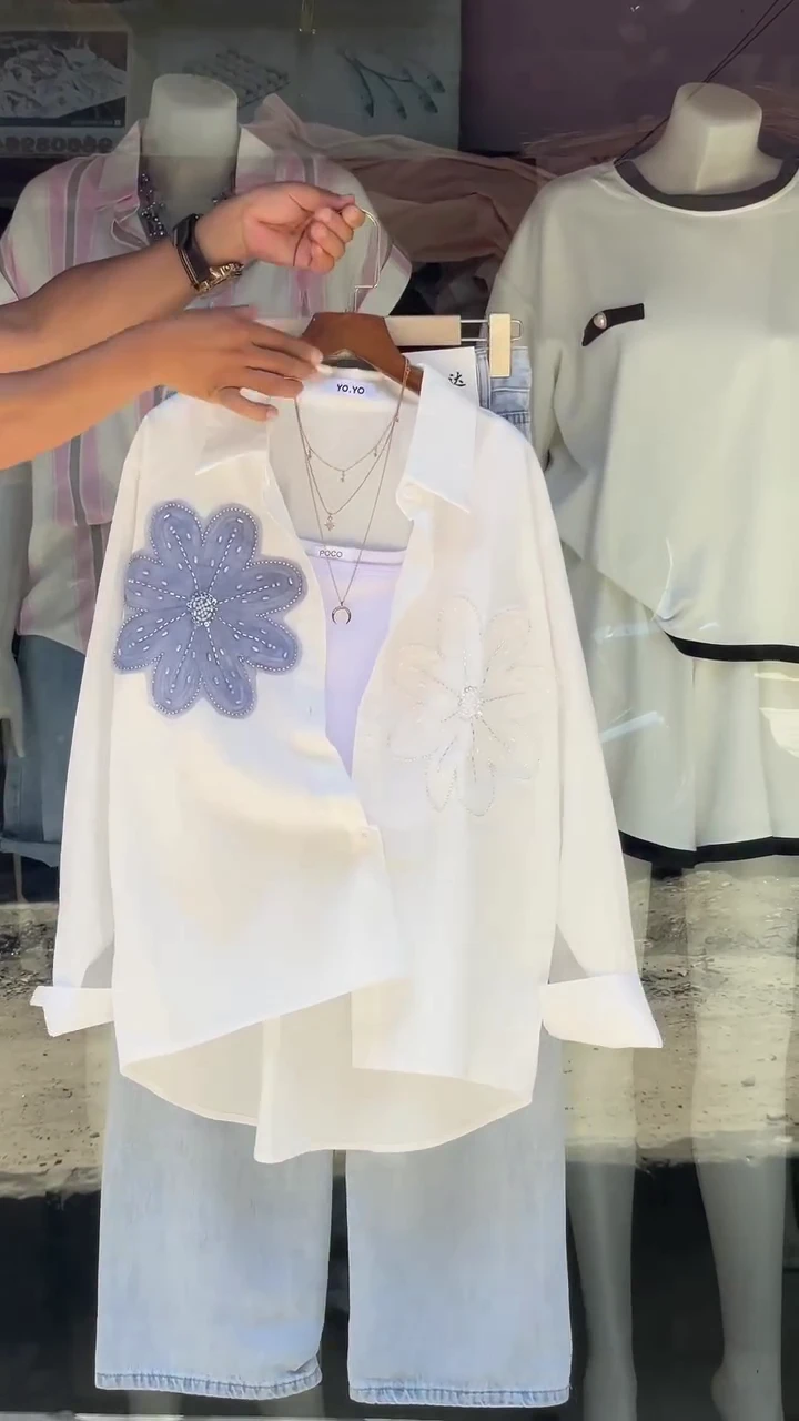 Chic Women's Casual Outfit ???? | Elegant Peach Button-Down Shirt with Beaded Floral Embroider...